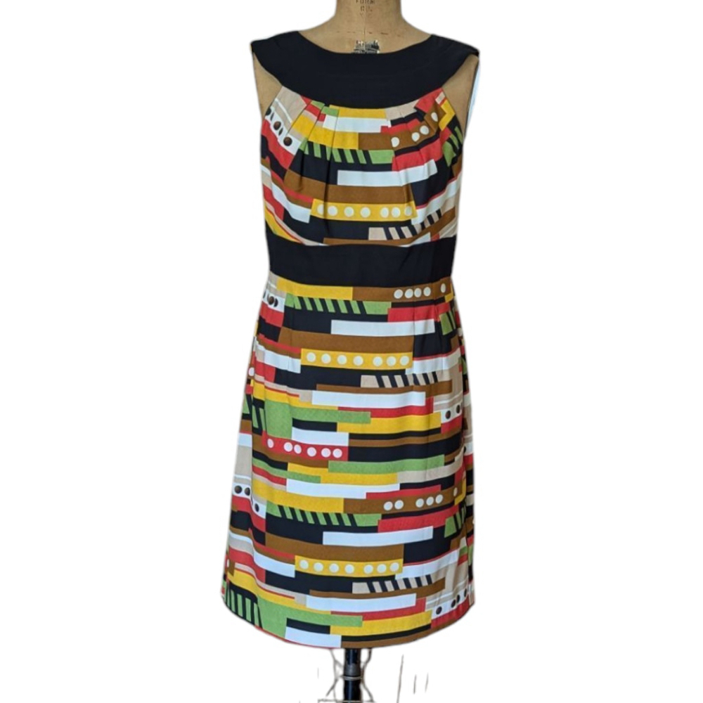 Geometric Abstract Striped Print Sleeveless Sheath Dress Retro Mod Office Sz 8